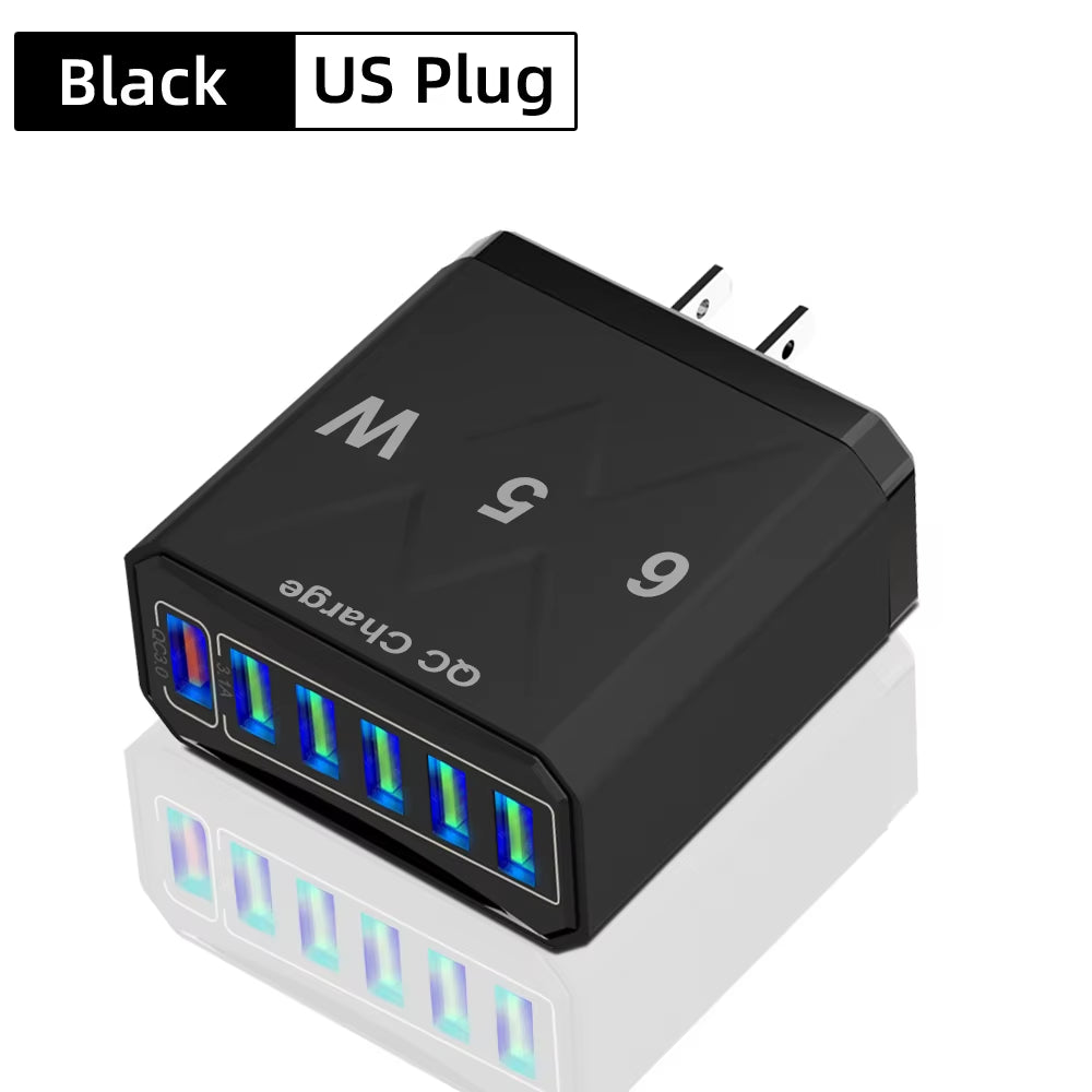 65W 6 Ports USB Charger Fast Charging QC3.0 Travel Charger for Iphone 14 Samsung Xiaomi Mobile Phone Adapter EU KR US UK Plug