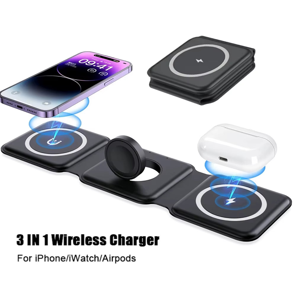100W 3 in 1 Foldable Wireless Charger Pad Stand for Iphone 15 14 13 12Pro Max Airpods Iwatch Fast Wireless Charging Dock Station