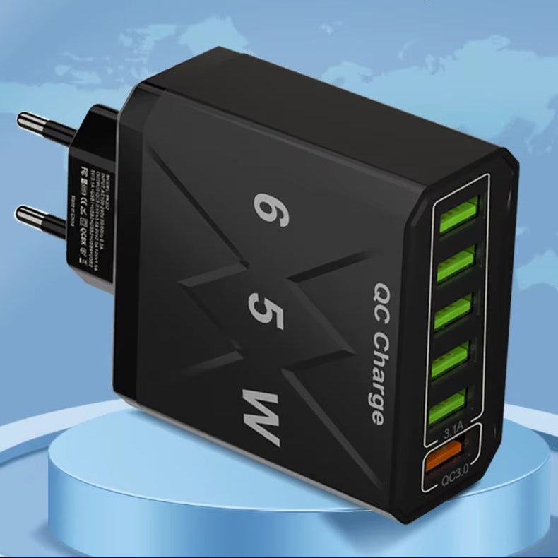 65W 6 Ports USB Charger Fast Charging QC3.0 Travel Charger for Iphone 14 Samsung Xiaomi Mobile Phone Adapter EU KR US UK Plug