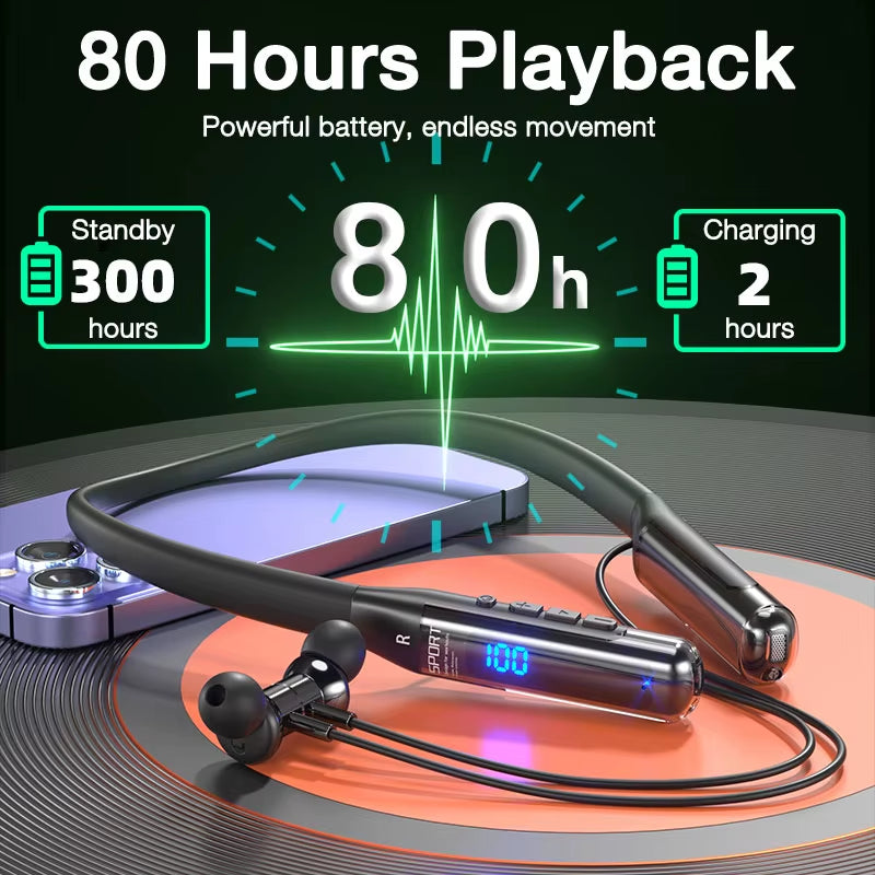 80 Hours Endurance Bluetooth Headphone with Microphone Wireless Headphones Bass Stereo Neckband Earphones Bluetooth 5.3