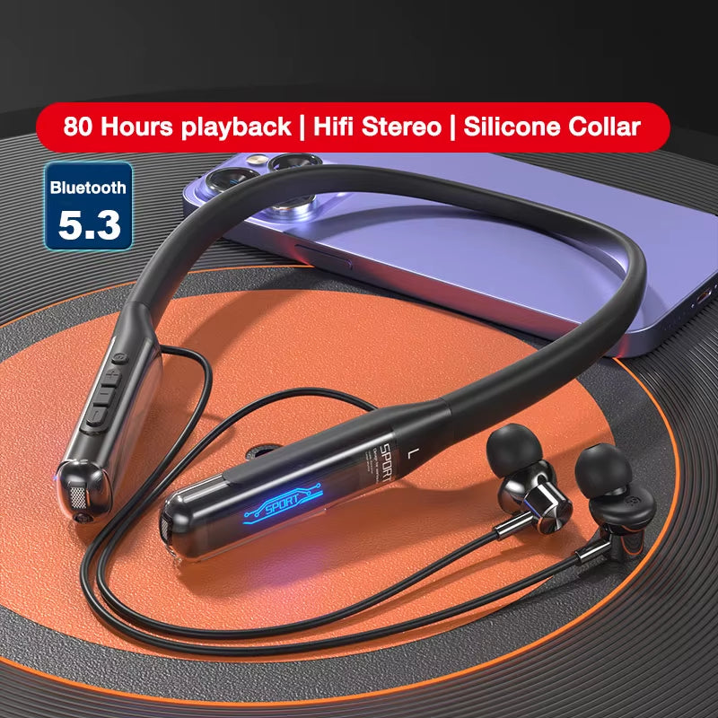 80 Hours Endurance Bluetooth Headphone with Microphone Wireless Headphones Bass Stereo Neckband Earphones Bluetooth 5.3