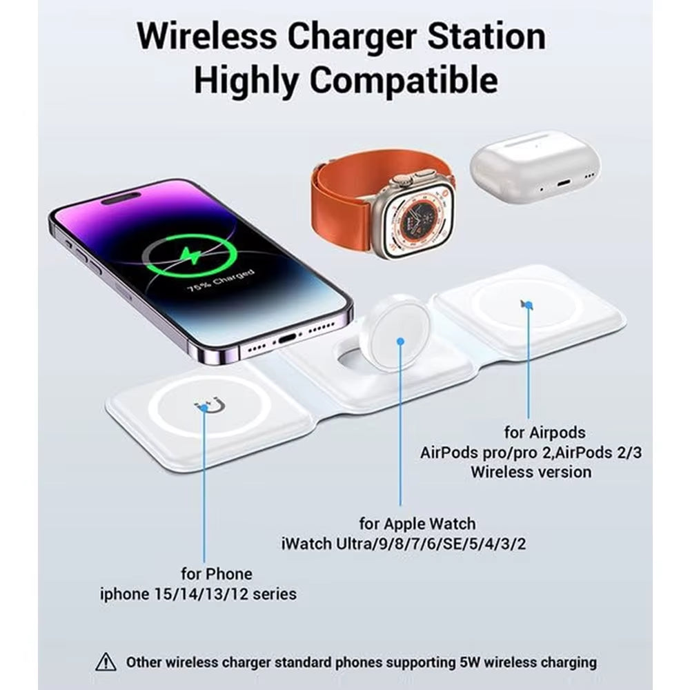 100W 3 in 1 Foldable Wireless Charger Pad Stand for Iphone 15 14 13 12Pro Max Airpods Iwatch Fast Wireless Charging Dock Station