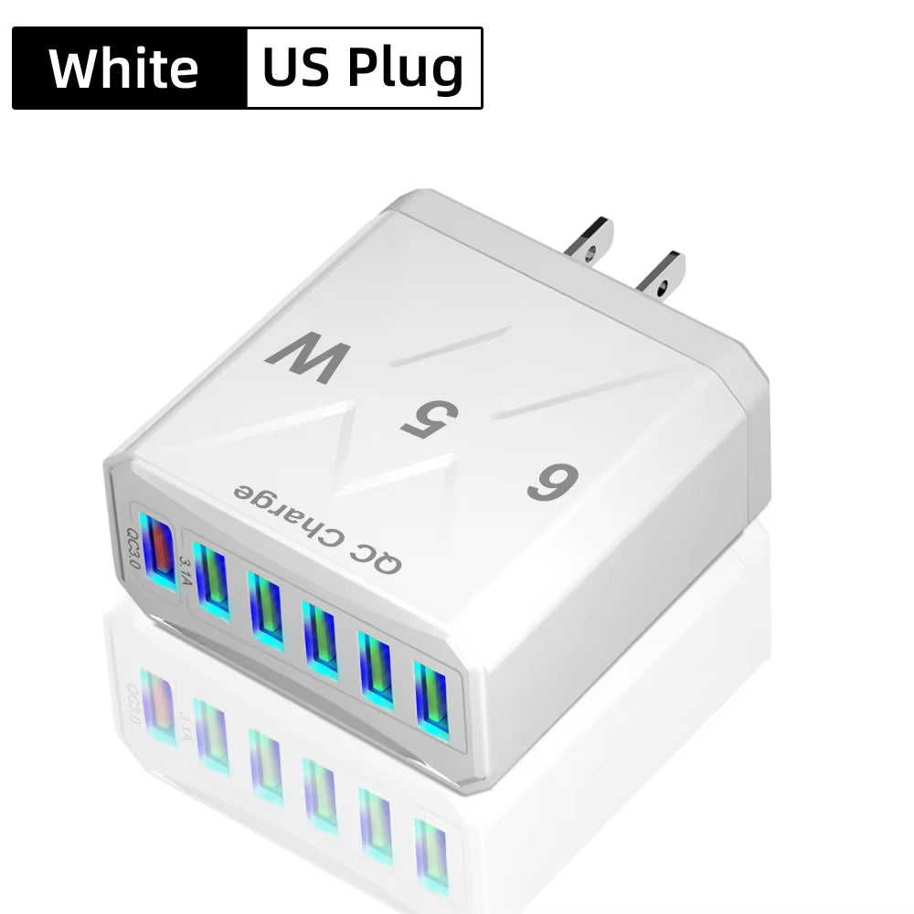 65W 6 Ports USB Charger Fast Charging QC3.0 Travel Charger for Iphone 14 Samsung Xiaomi Mobile Phone Adapter EU KR US UK Plug
