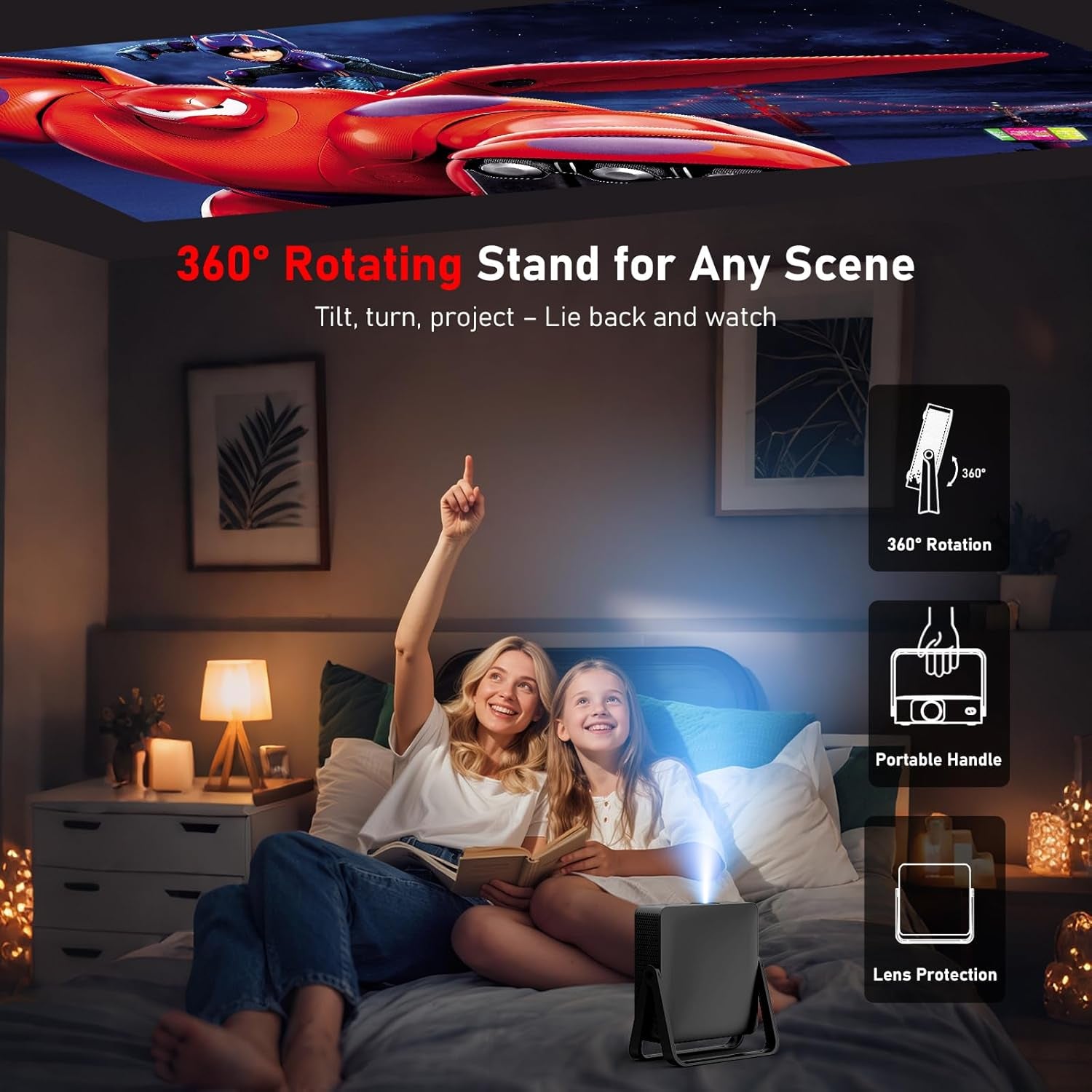 Smart Mini Projector N5 | Ultra-Slim 1.97" | WiFi 6 & Bluetooth | Netflix/Youtube/Disney+/Hulu | AI Auto Focus | 360° Stand | Full HD Home Cinema Portable (Black)