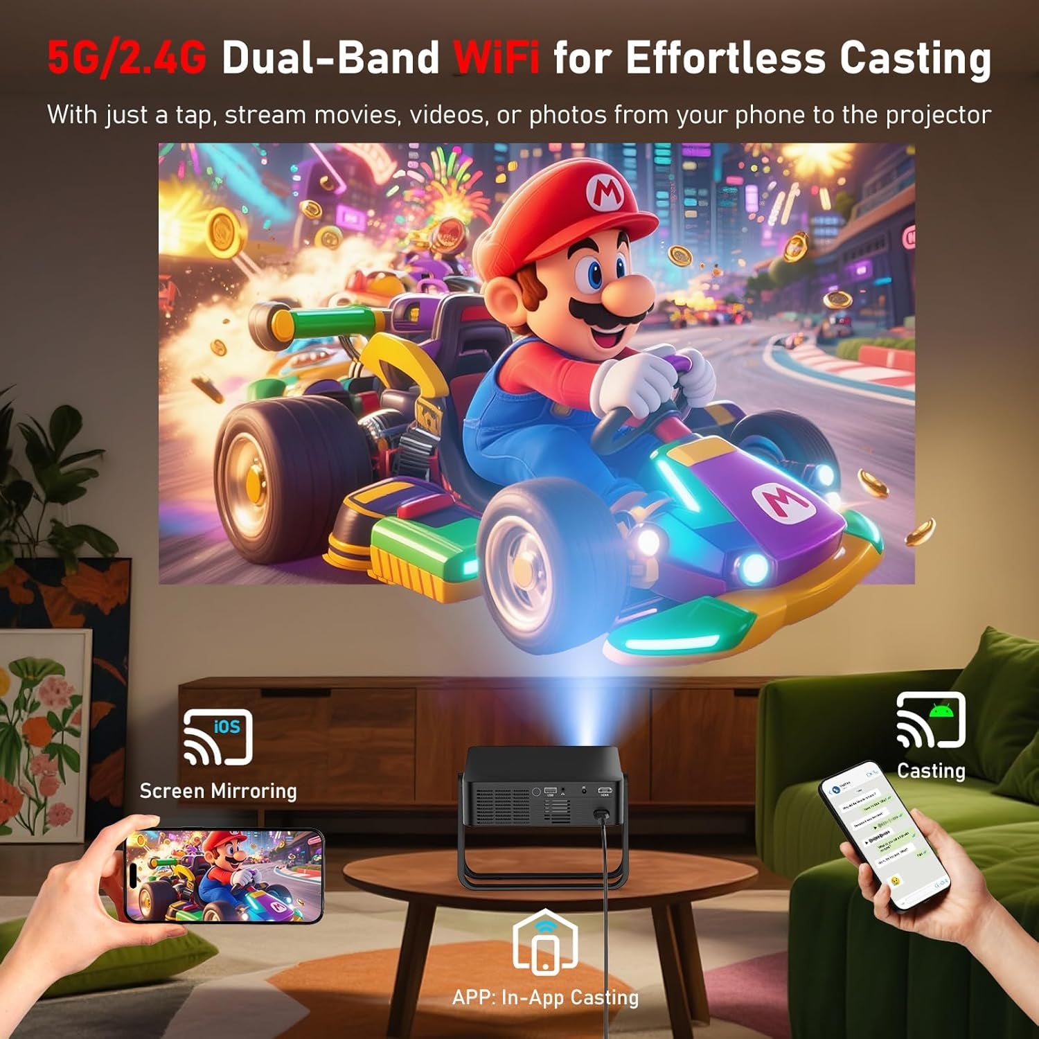 Smart Mini Projector N5 | Ultra-Slim 1.97" | WiFi 6 & Bluetooth | Netflix/Youtube/Disney+/Hulu | AI Auto Focus | 360° Stand | Full HD Home Cinema Portable (Black)
