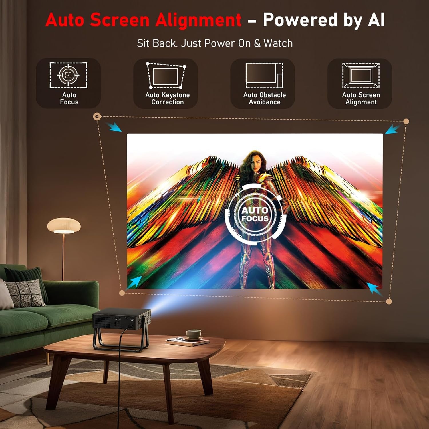 Smart Mini Projector N5 | Ultra-Slim 1.97" | WiFi 6 & Bluetooth | Netflix/Youtube/Disney+/Hulu | AI Auto Focus | 360° Stand | Full HD Home Cinema Portable (Black)
